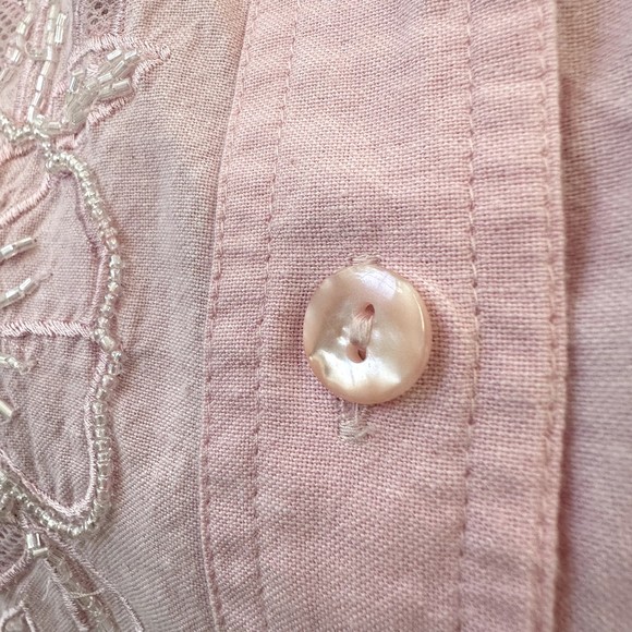 The Quacker Factory Shirt Floral Button Size M Soft Pink Sequin Embroidery Beads - Picture 10 of 15